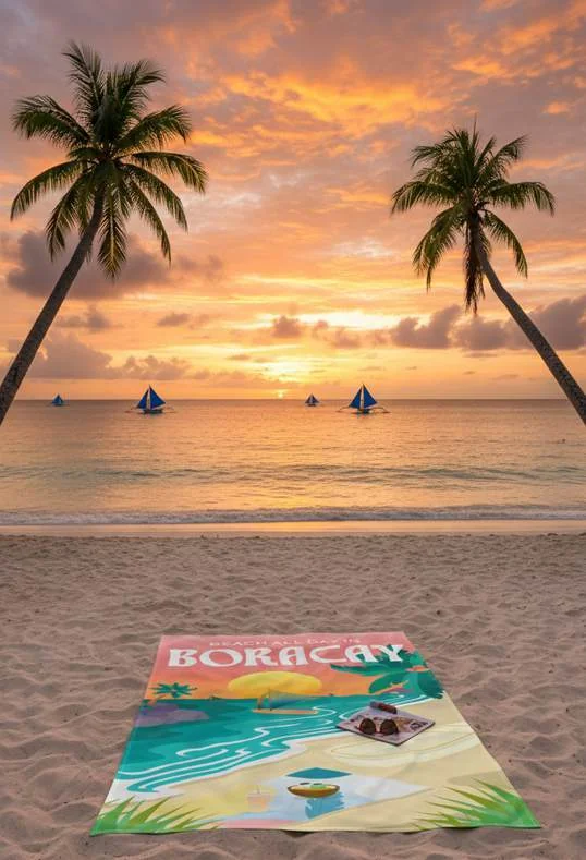An Islas Filipinas Boracay towel at sunset