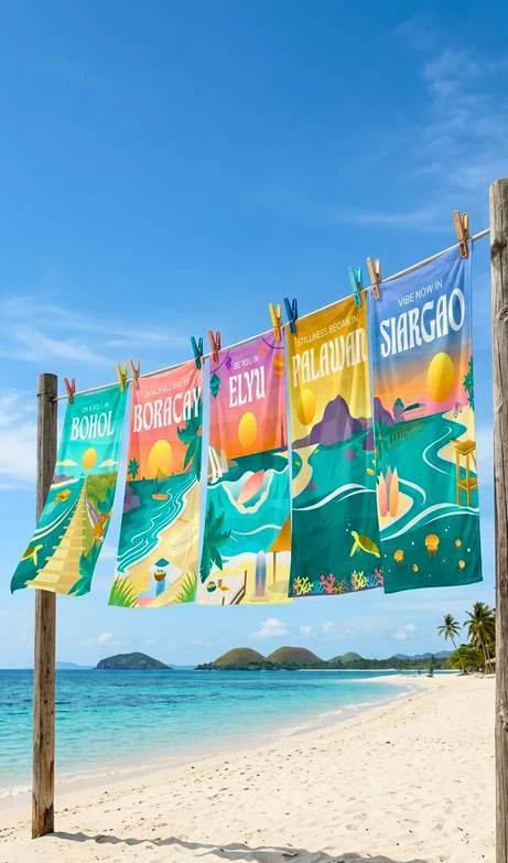 Islas Filipinas destination towels hanging by the beach